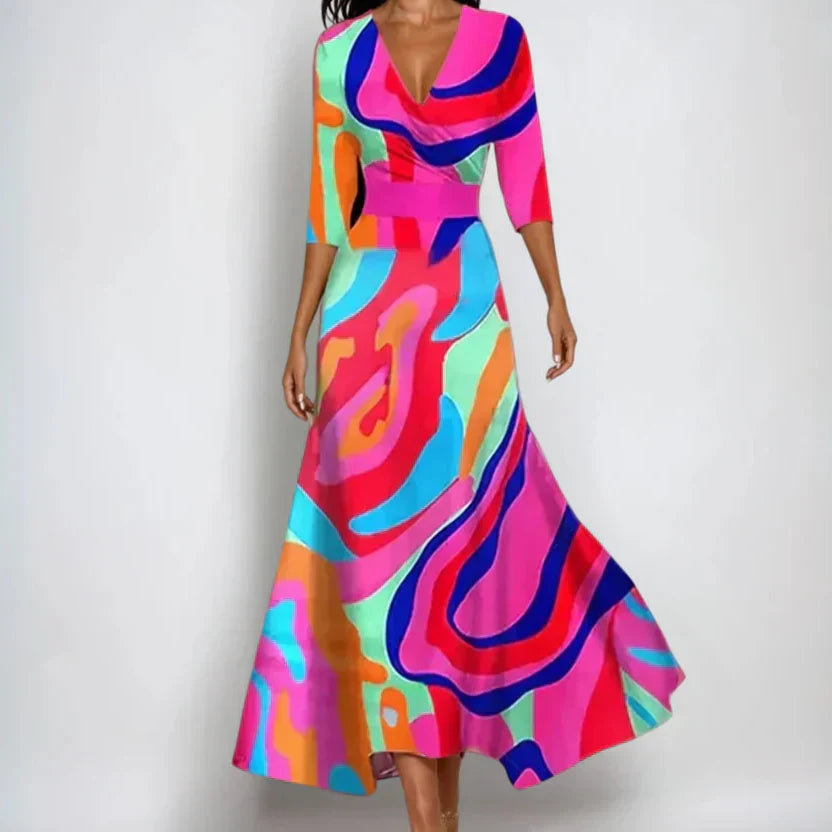 Manou | Maxi Jurk Bloemenprint V-Hals Kleurrijk
