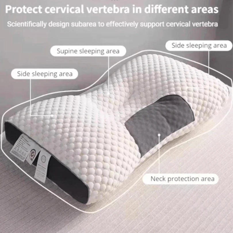 Zijaanzicht van orthopedisch hoofdkussen met gestructureerd schuim en zachte gewatteerde buitenhoes in wit met donkergrijze accenten