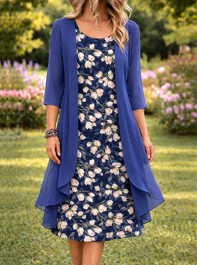 Chiffon midi jurk met bijpassende open cardigan, geschikt voor geklede casual gelegenheden