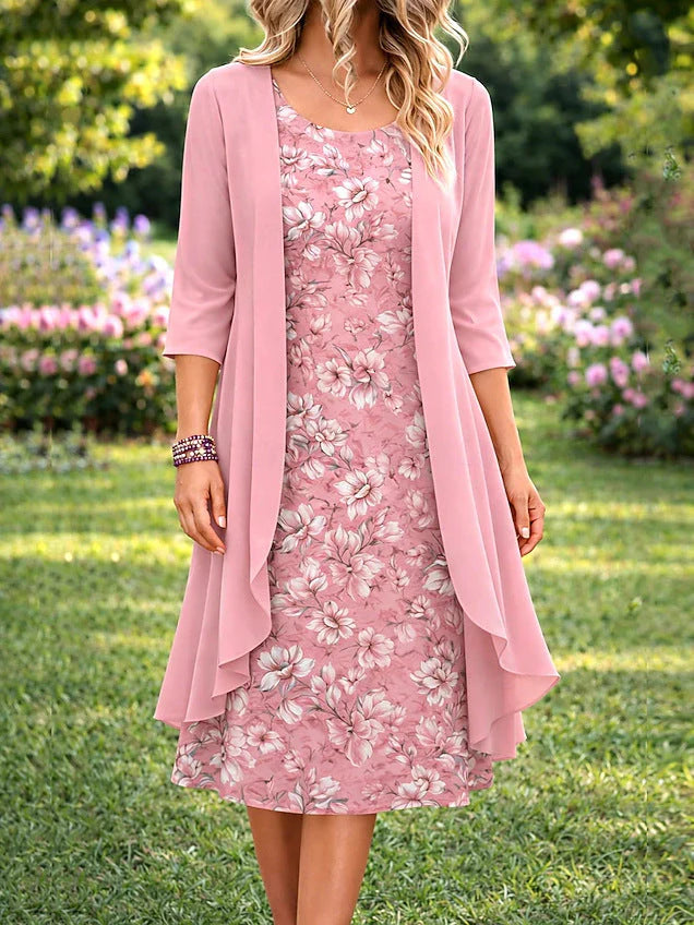 Bloemenprint jurk set met lichte cardigan laag, perfect voor warme zomerdagen