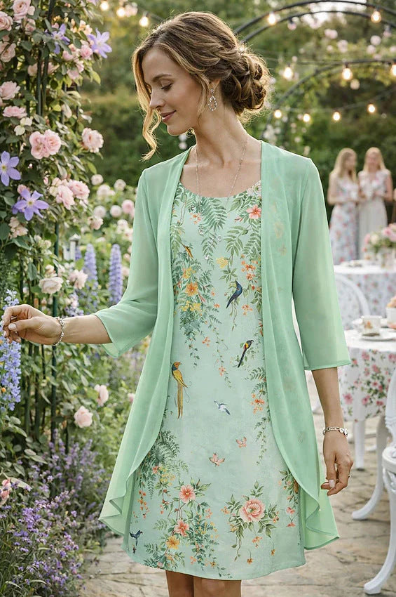 Lichte chiffon jurk set met delicate bloemenprint en bijpassende cardigan voor warme dagen