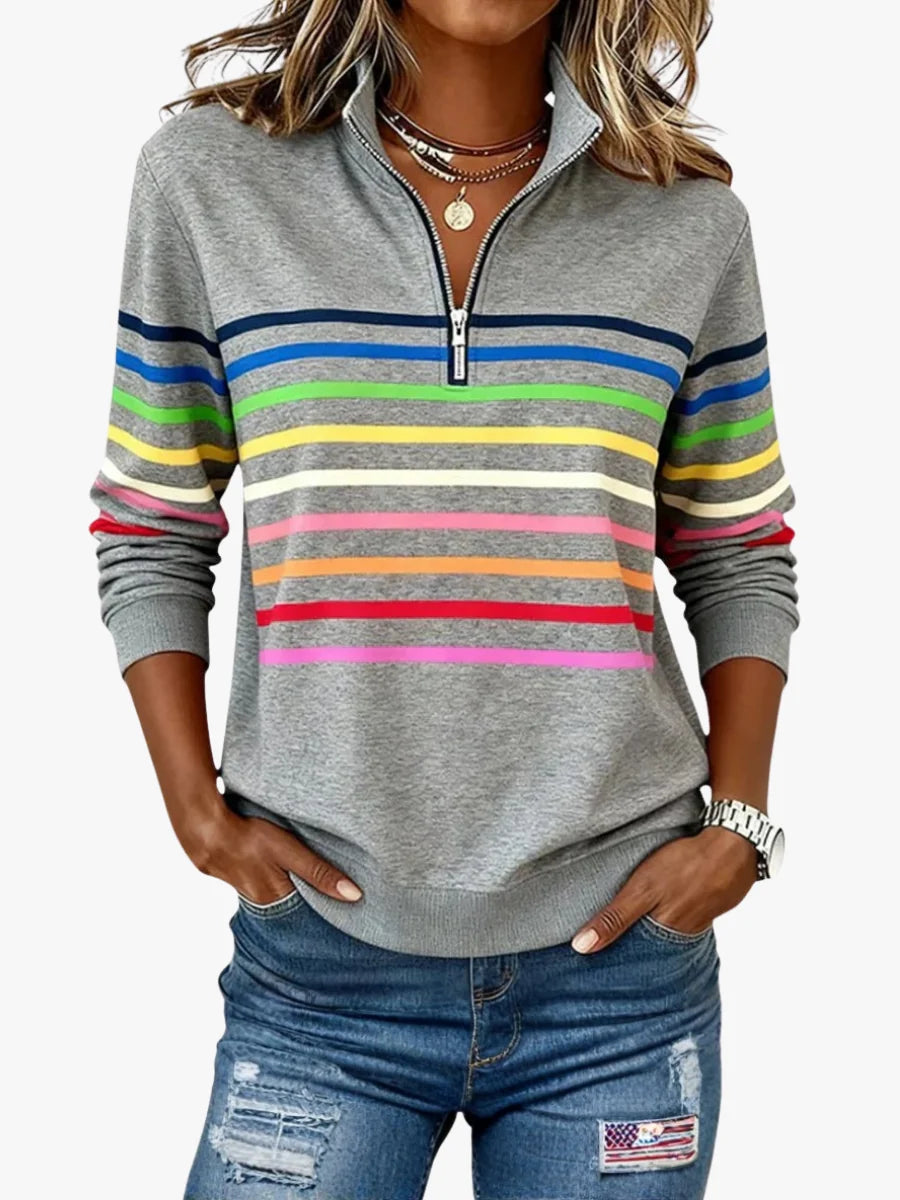 Dames gestreepte ritstrui voor vrouwen in grijs met kleurrijke horizontale strepen en verstelbare ritskraag