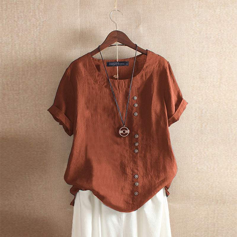 Marit | Dames Linnen Blouse Korte Mouw Bruin