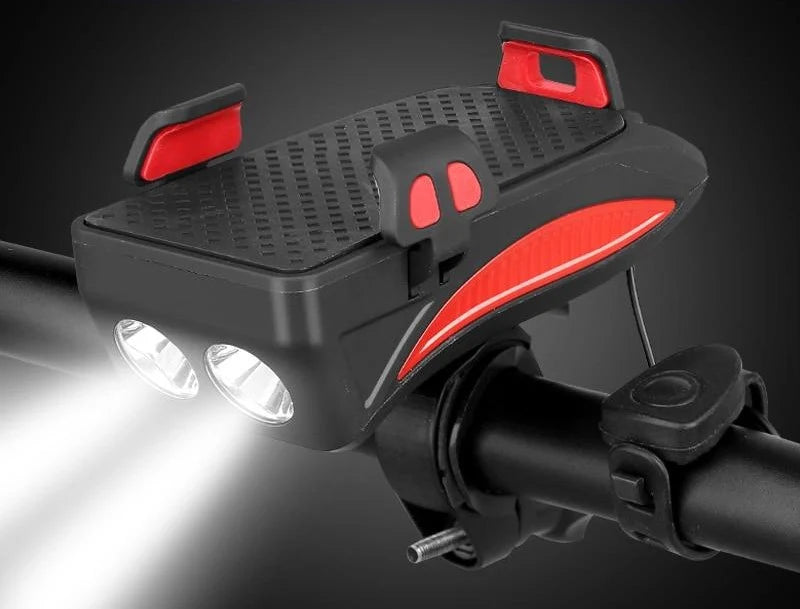 FietsPro 4-in-1 Telefoonhouder, Powerbank, Verlichting & Claxon gemonteerd op fietsstuur met verlichte LED lampen en rode accenten