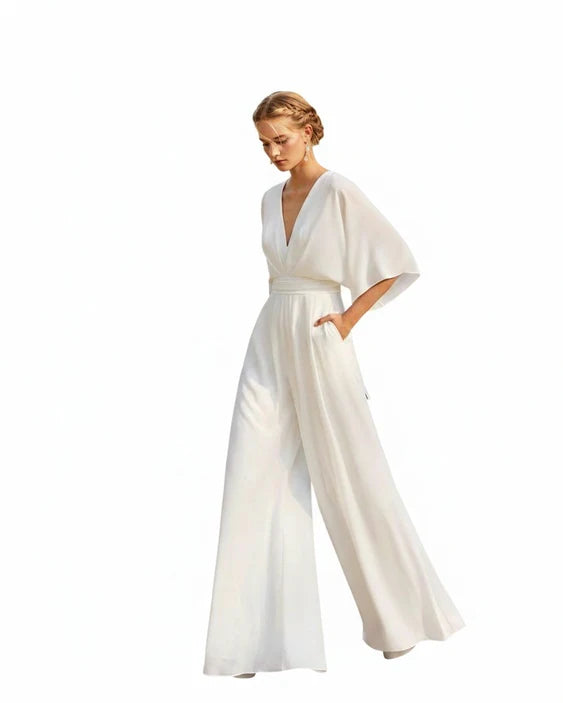 Maud | Dames Jumpsuit met V-hals en Wijde Pijpen