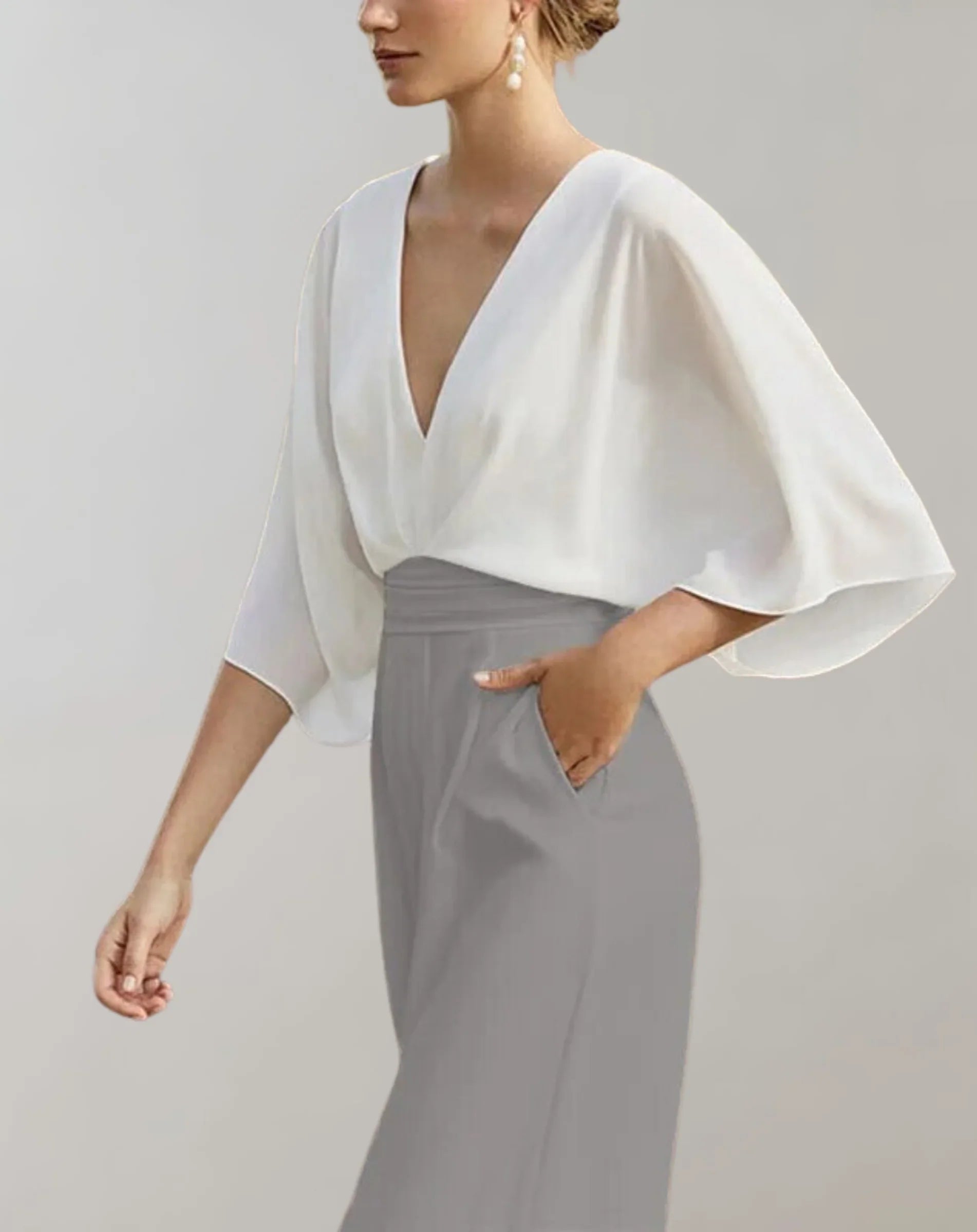 Maud | Dames Jumpsuit met V-hals en Wijde Pijpen Wit Grijs