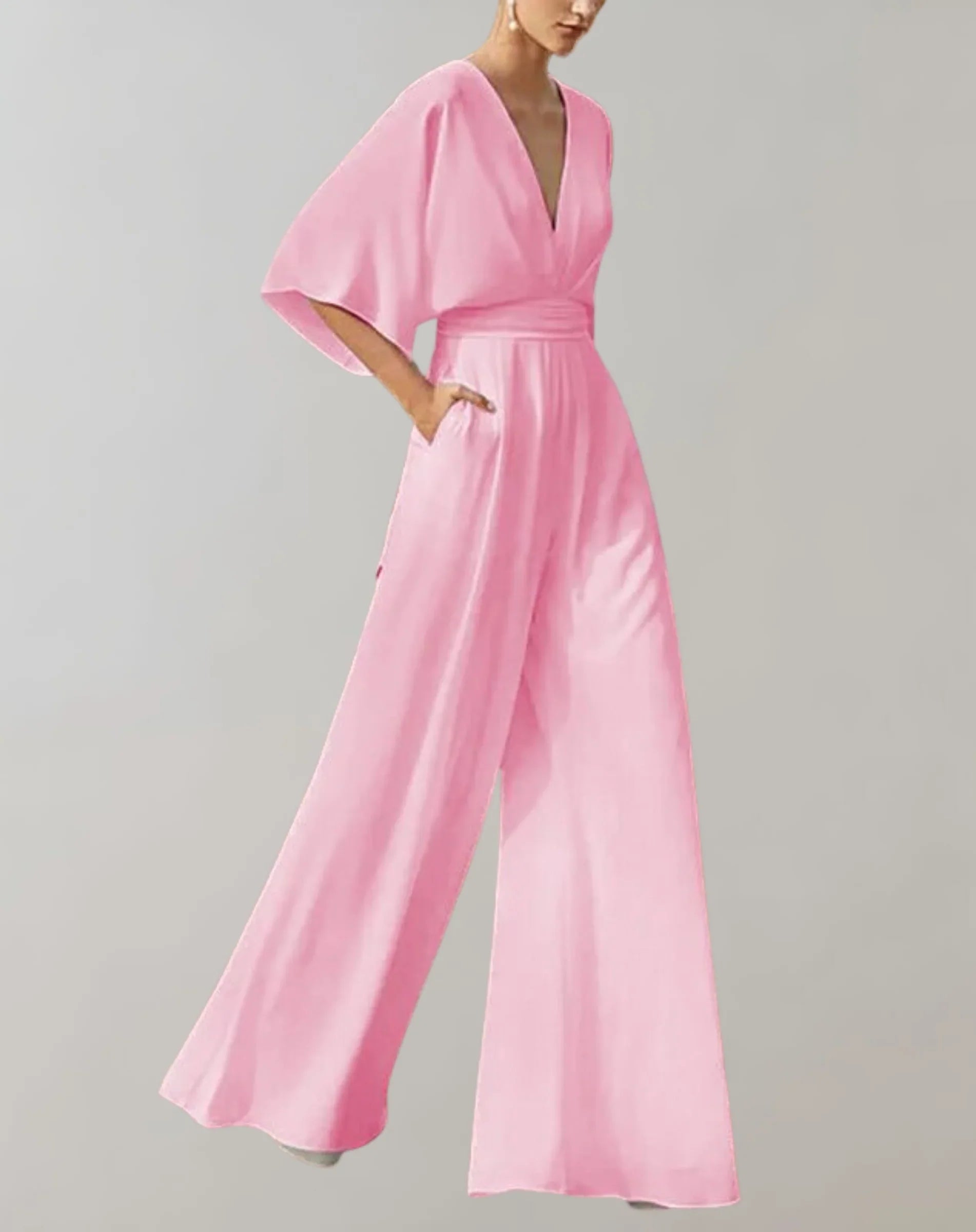 Maud | Dames Jumpsuit met V-hals en Wijde Pijpen Roze
