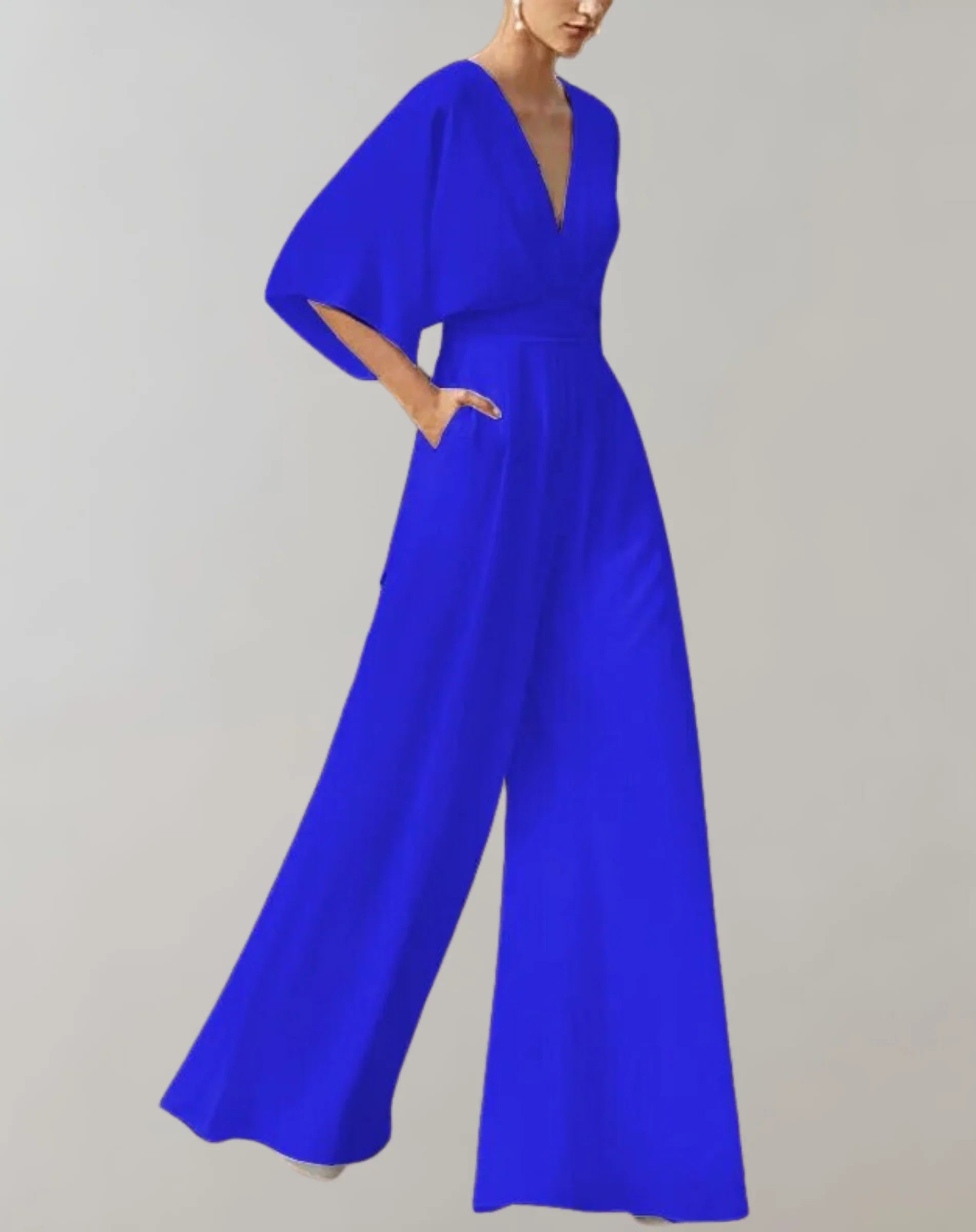 Maud | Dames Jumpsuit met V-hals en Wijde Pijpen Blauw