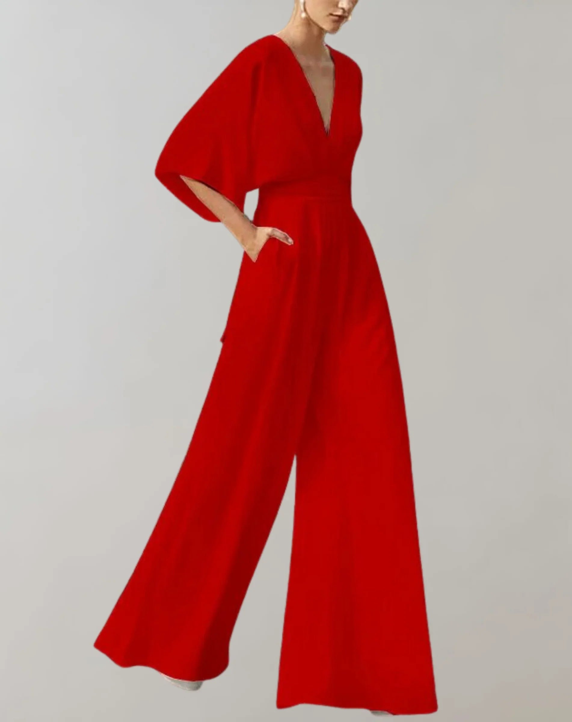 Maud | Dames Jumpsuit met V-hals en Wijde Pijpen Rood