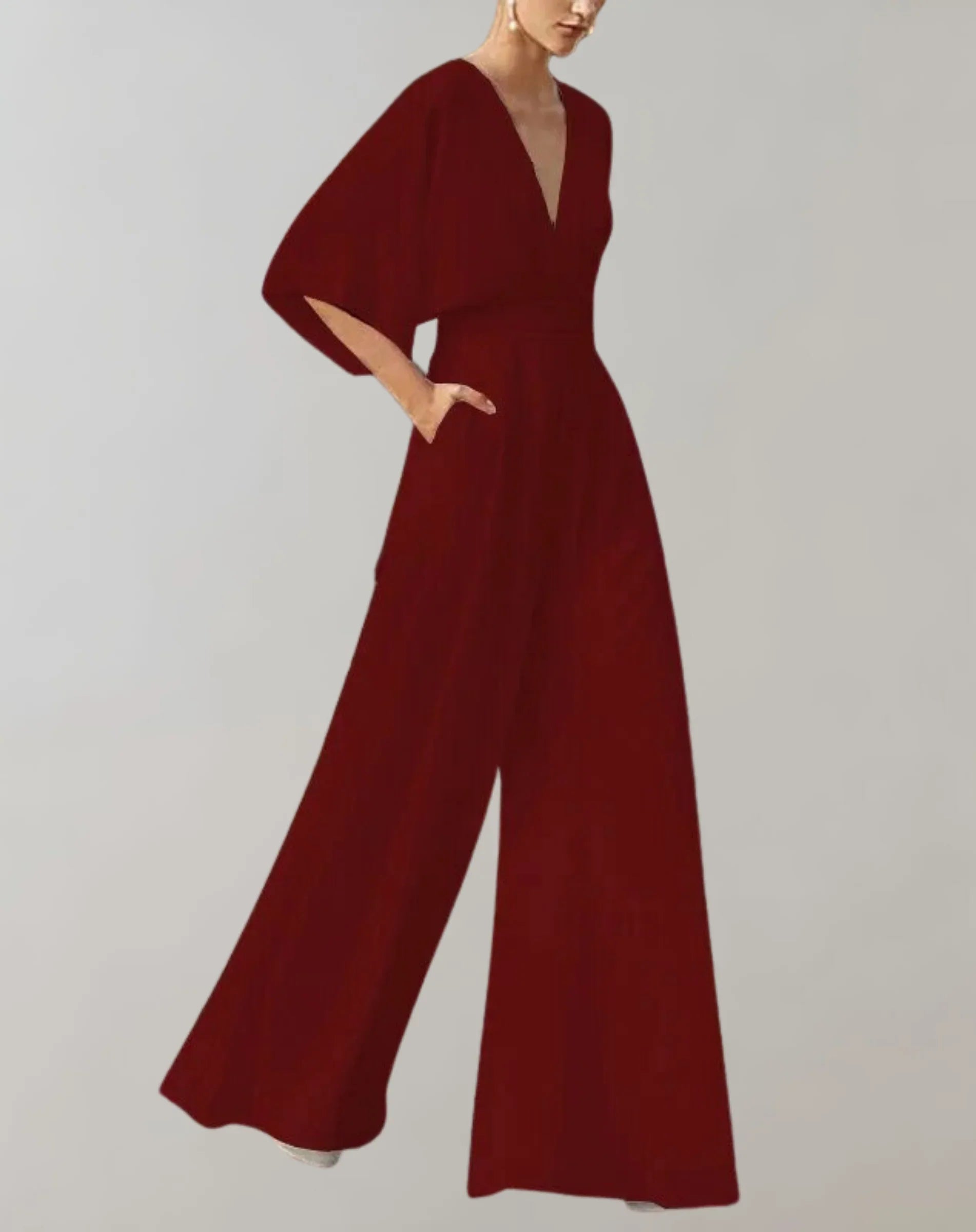 Maud | Dames Jumpsuit met V-hals en Wijde Pijpen Donkerrood