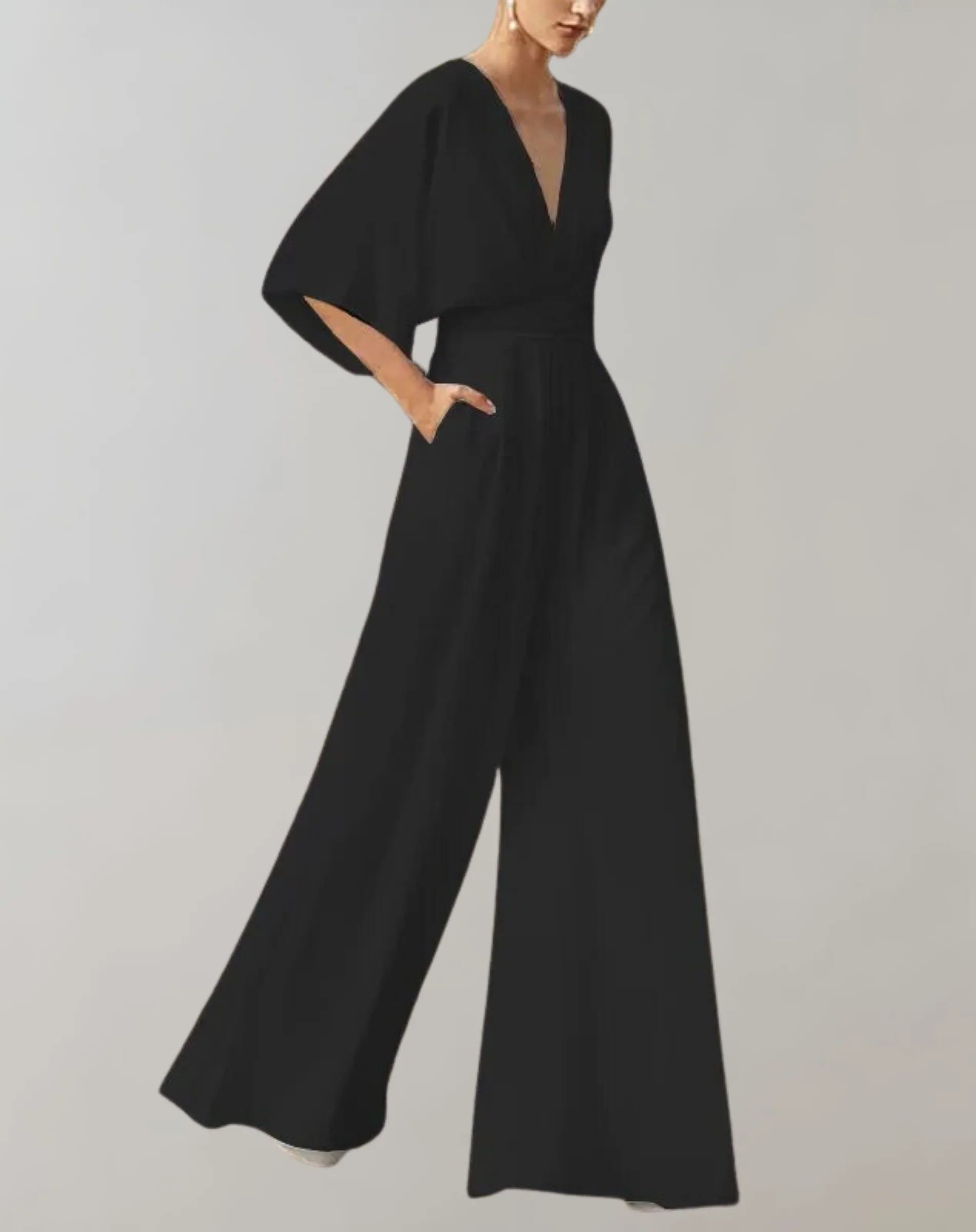 Maud | Dames Jumpsuit met V-hals en Wijde Pijpen Zwart
