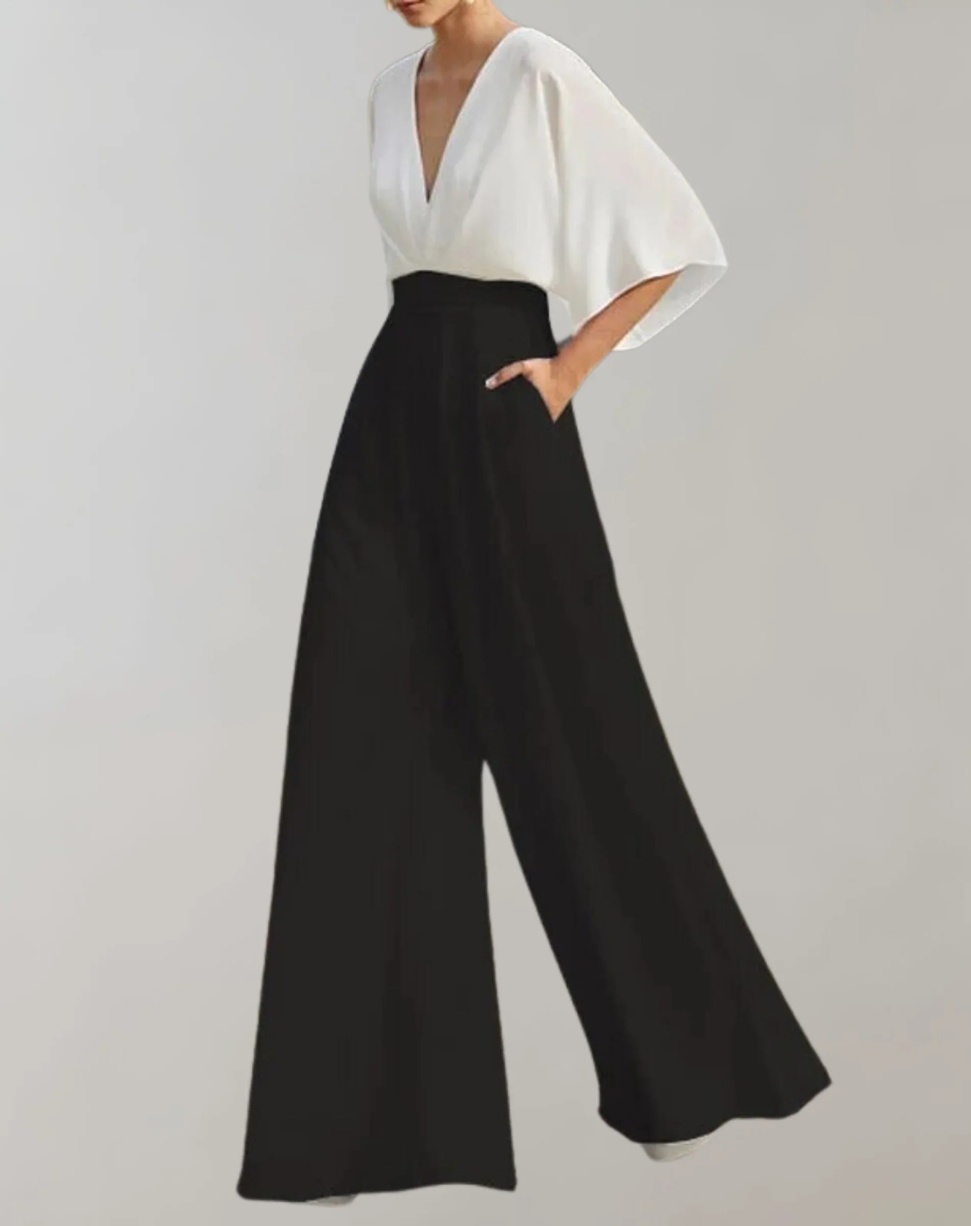 Maud | Dames Jumpsuit met V-hals en Wijde Pijpen Wit Zwart