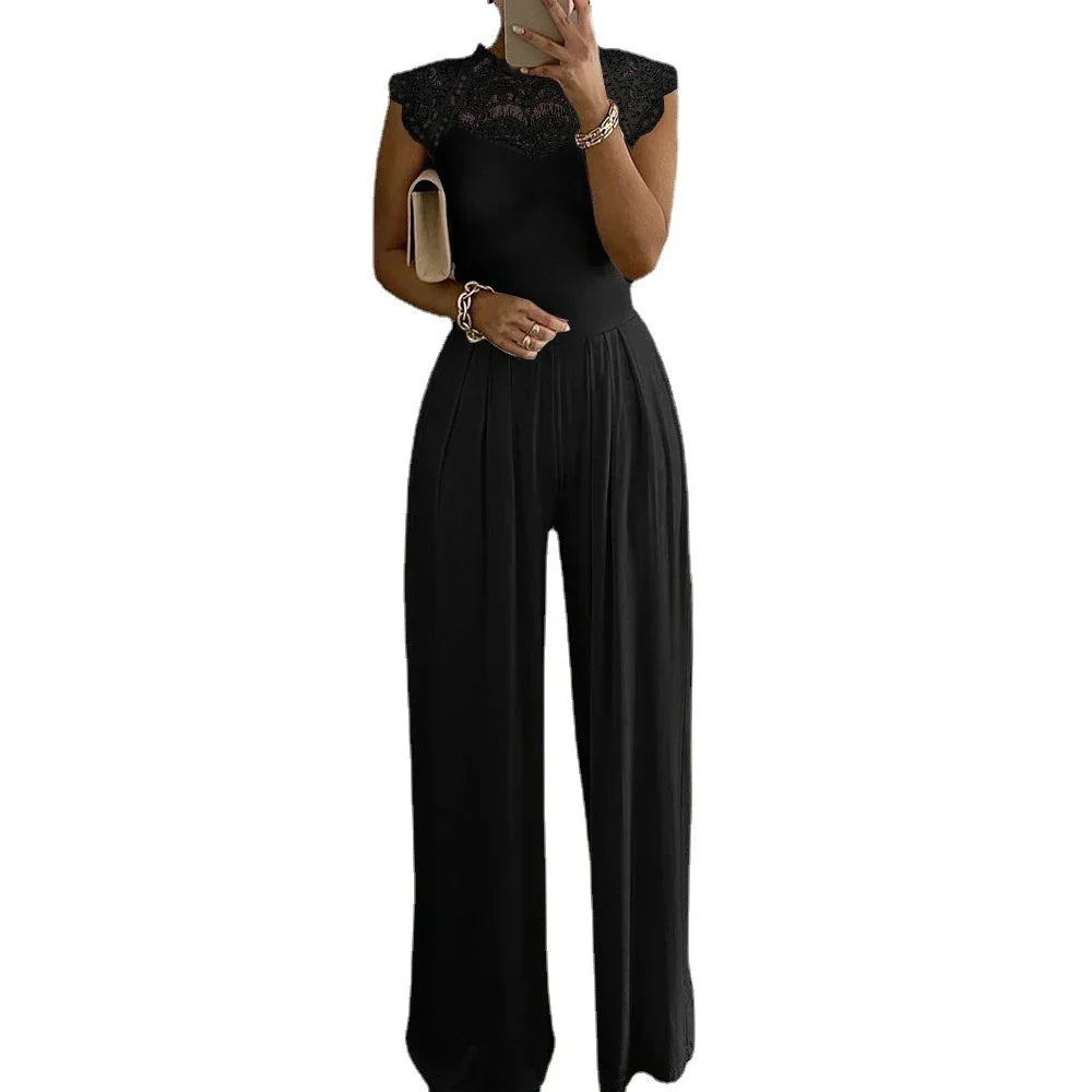 Dames jumpsuit met wijde pijpen en verfijnde kantafwerking voor formele gelegenheden