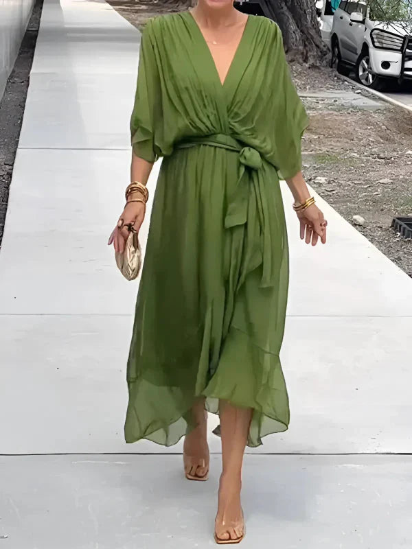 Mees | Midi Jurk Strik Taille Vlindermouw Groen