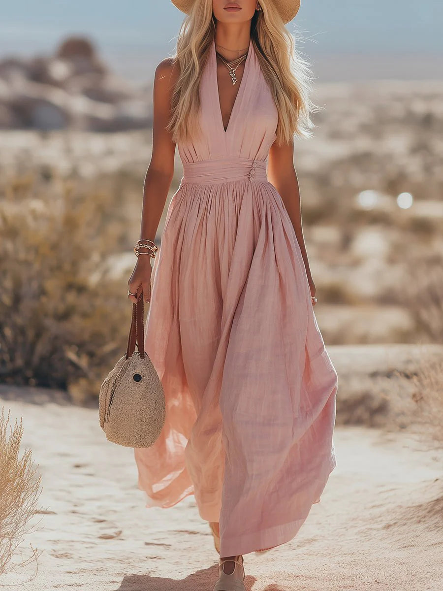 Mila | Dames Boho Linnen Halter Maxi Jurk Mouwloos Roze