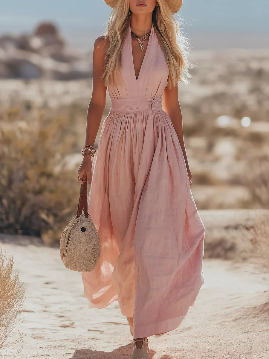 Mila | Dames Boho Linnen Halter Maxi Jurk Mouwloos Roze