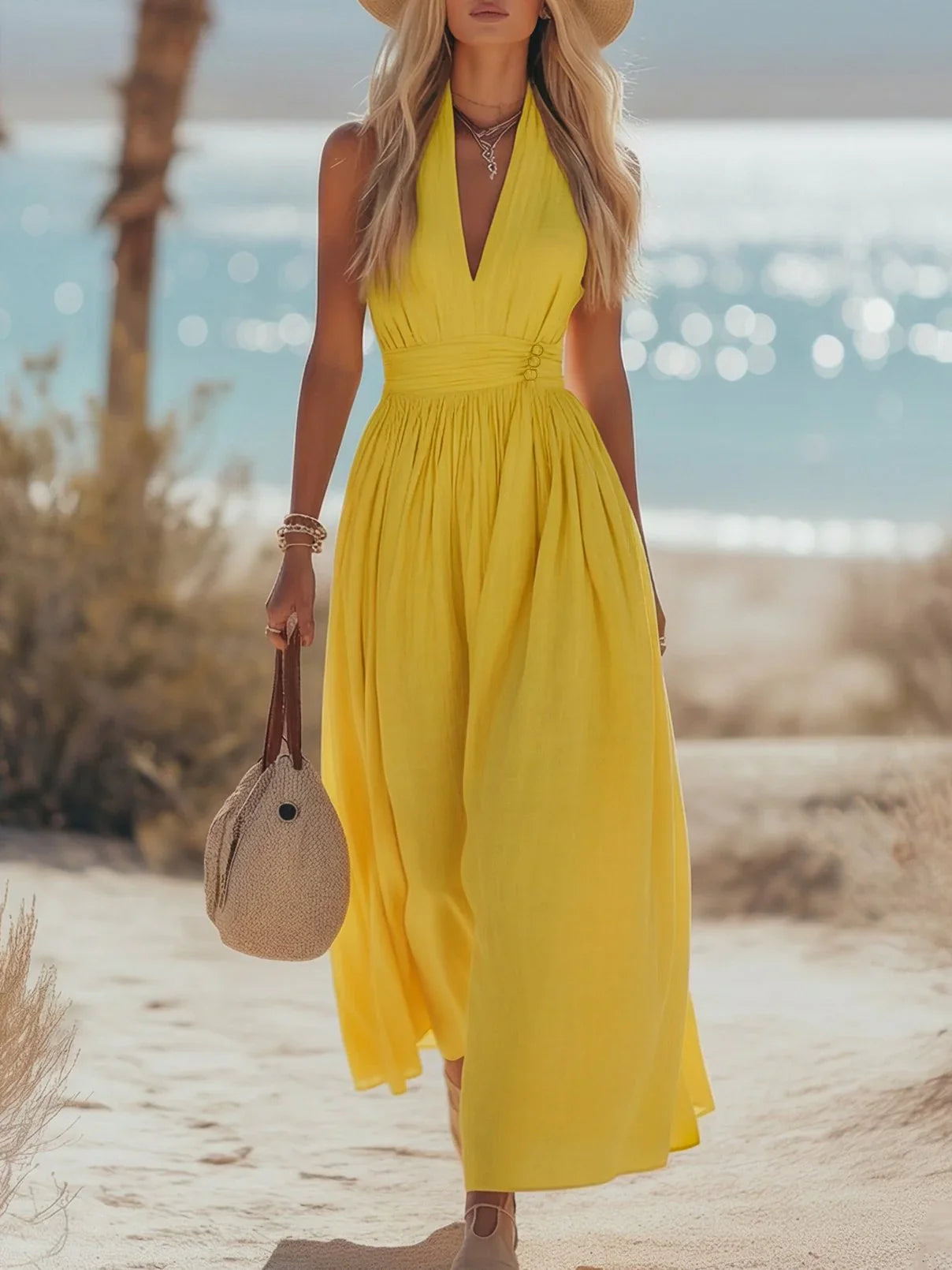 Mila | Dames Boho Linnen Halter Maxi Jurk Mouwloos Geel