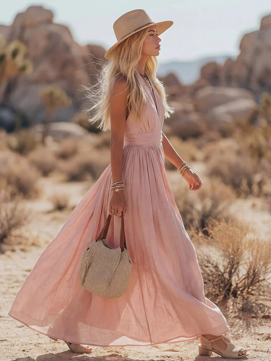 Mila | Dames Boho Linnen Halter Maxi Jurk Mouwloos