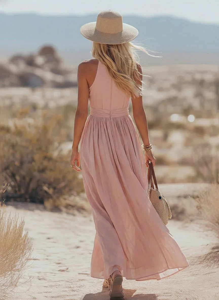 Mila | Dames Boho Linnen Halter Maxi Jurk Mouwloos
