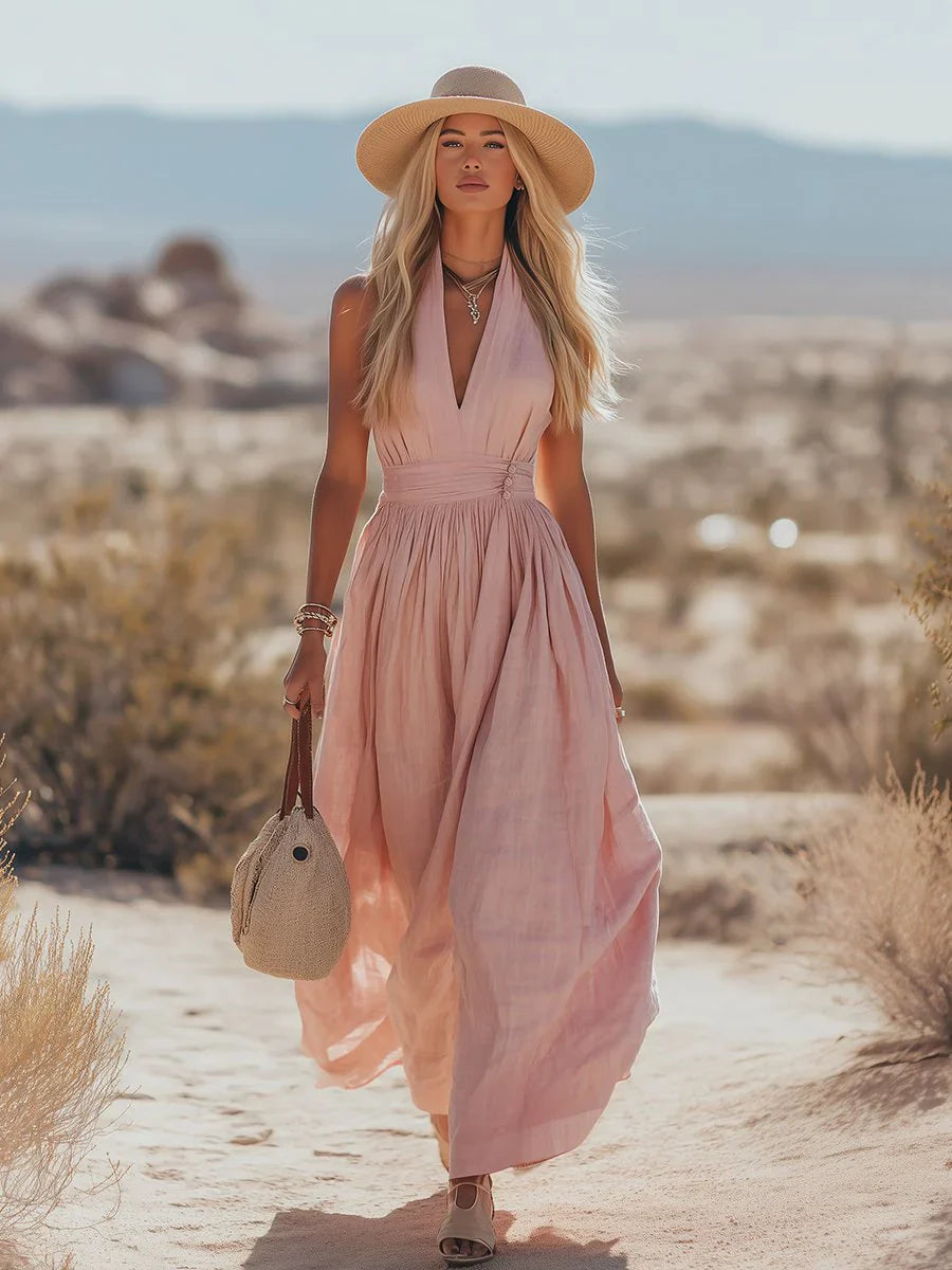 Mila | Dames Boho Linnen Halter Maxi Jurk Mouwloos