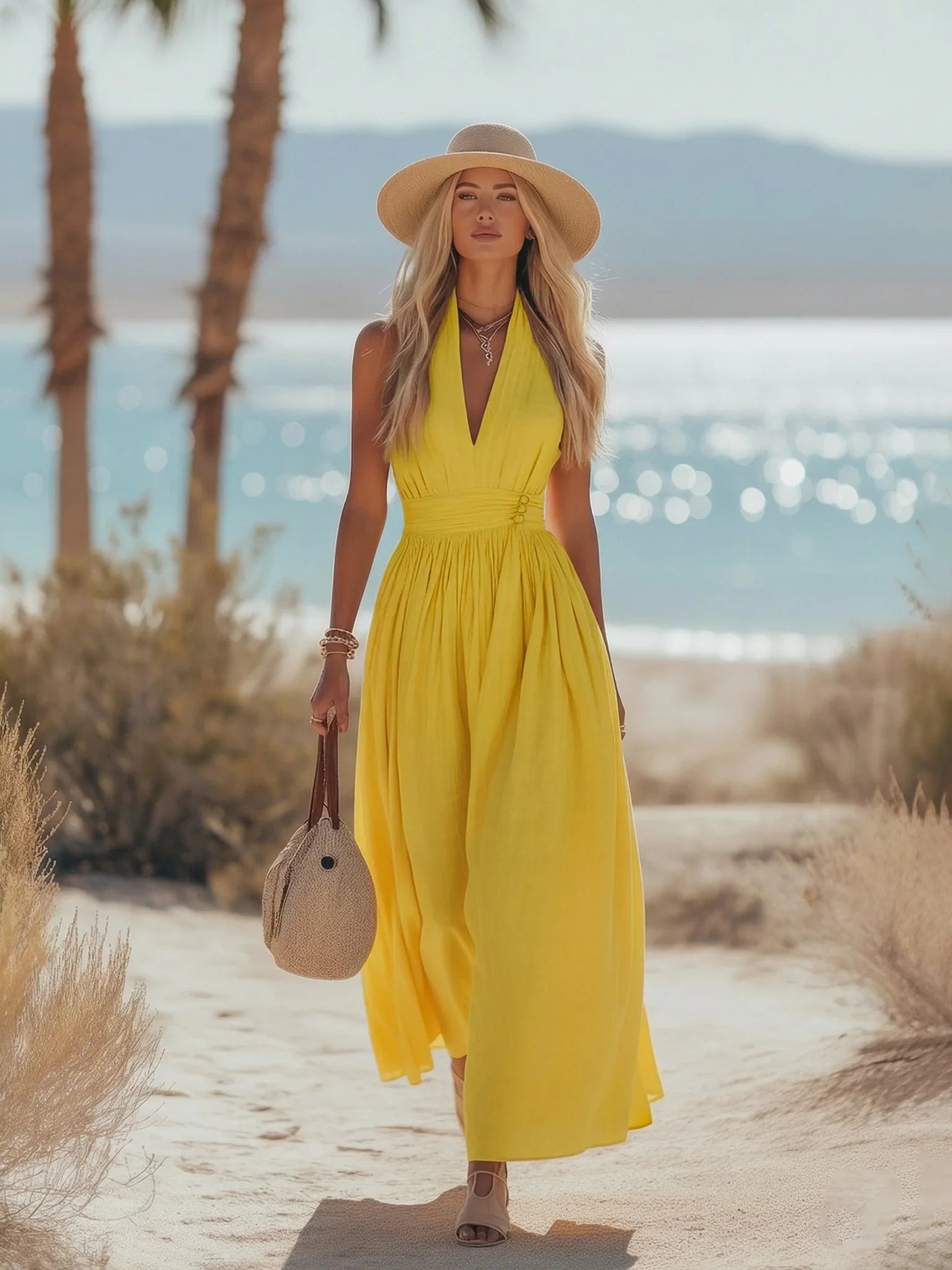 Mila | Dames Boho Linnen Halter Maxi Jurk Mouwloos
