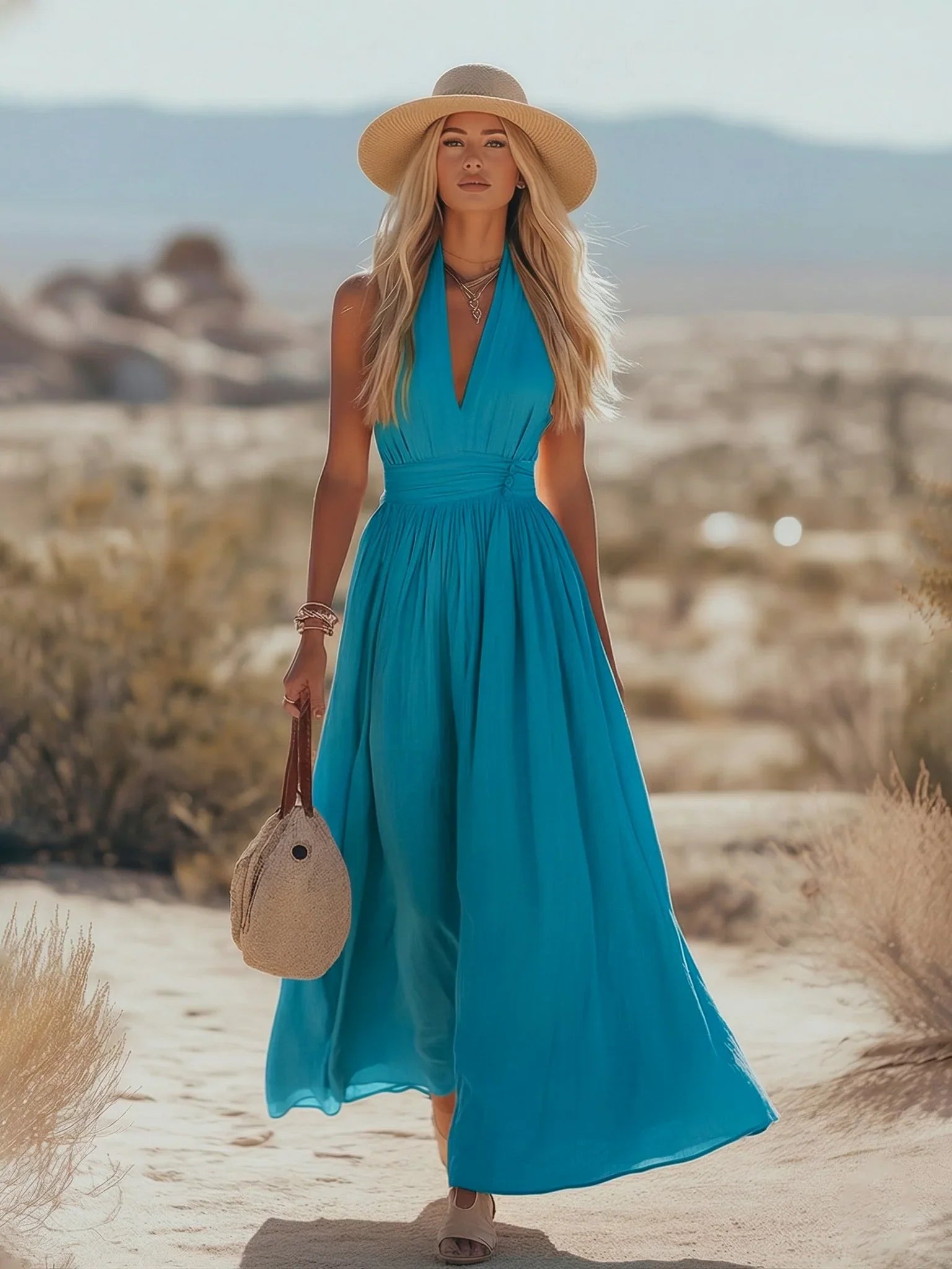 Mila | Dames Boho Linnen Halter Maxi Jurk Mouwloos