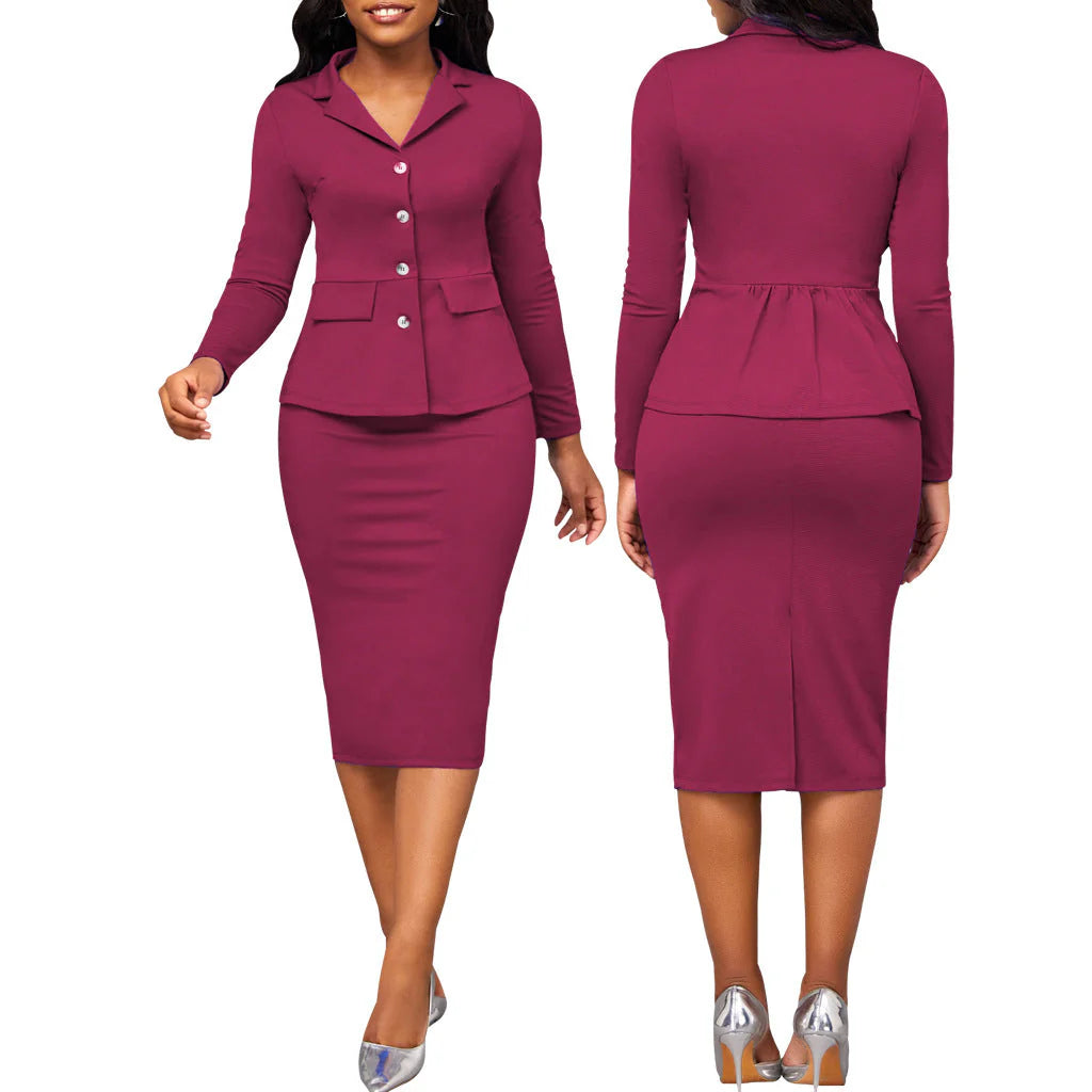 Volledige lengte weergave van het tweedelige dames pak met blazer en midi rok