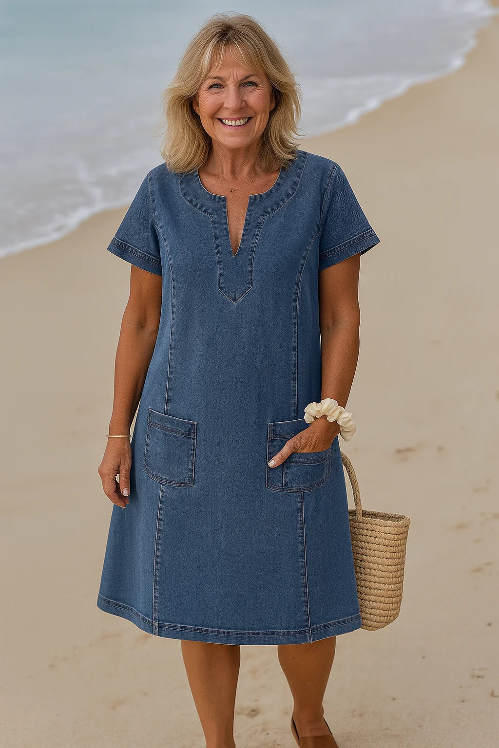 Close-up van denim jurk met relaxed fit, korte mouwen en praktische zakken aan de voorzijde