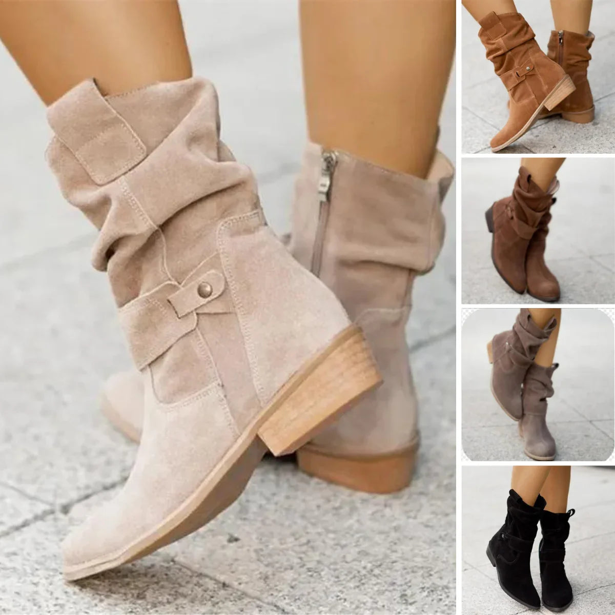 Volledige weergave van dames mid-calf laarzen met gespen en lage hak op model