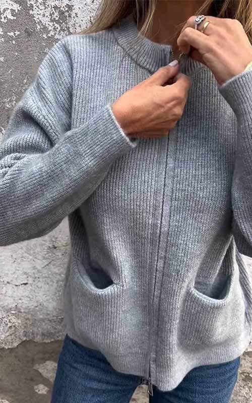 Grijze dames cardigan met rits en geribbelde manchetten voor comfortabele pasvorm