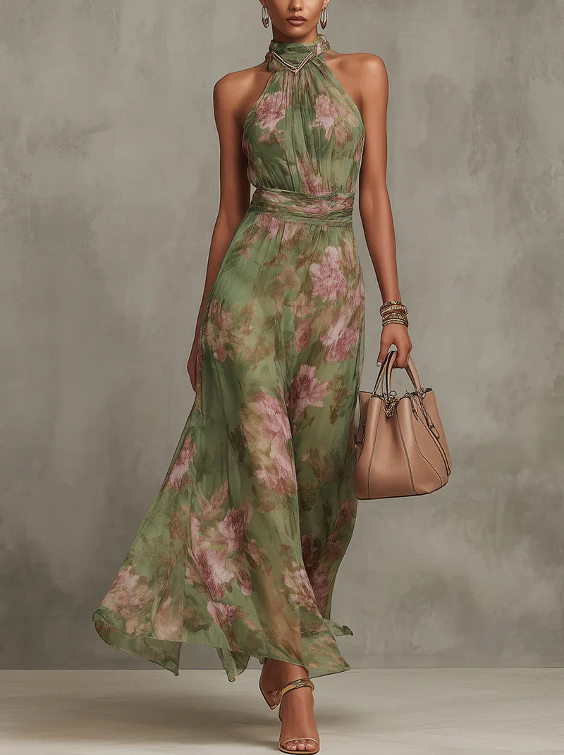 Noor | Maxi Jurk met Halternek en Bloemenprint Groen
