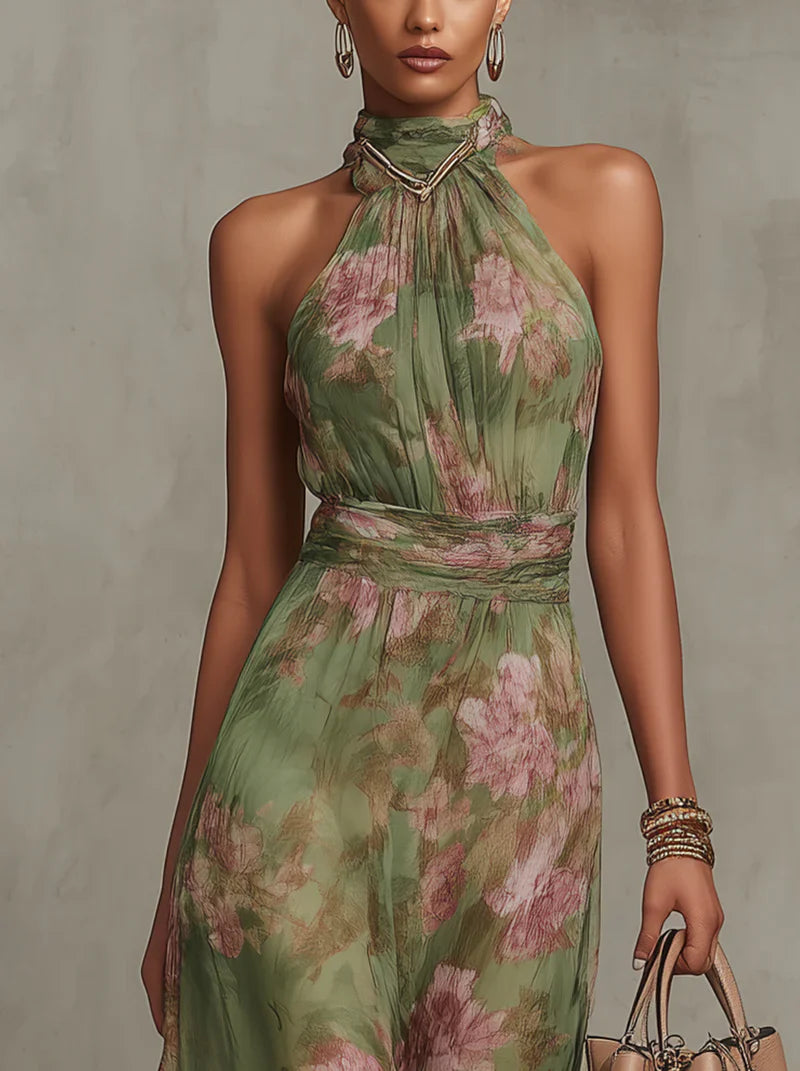 Achterkant van maxi jurk met halternek en ritssluiting, bloemenprint in groen en roze tinten