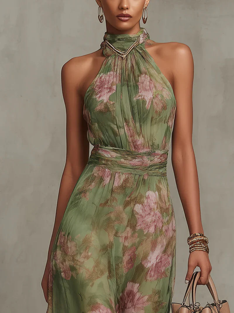 Noor | Maxi Jurk met Halternek en Bloemenprint