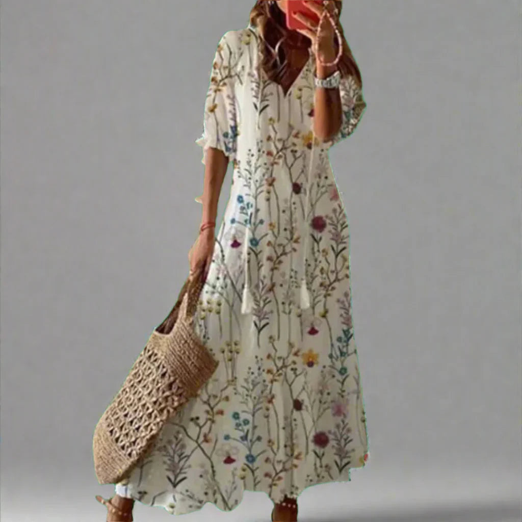 Nora | Dames Bloemen A-lijn Maxi Jurk Off White