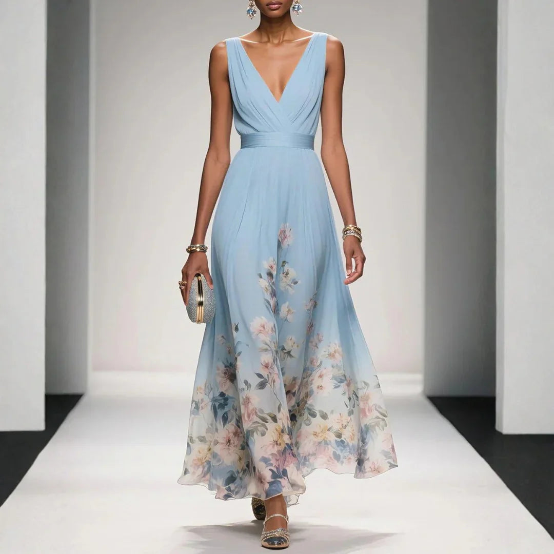 Nora | Maxi Jurk met Bloemenprint Bruiloftsgast Lichtblauw