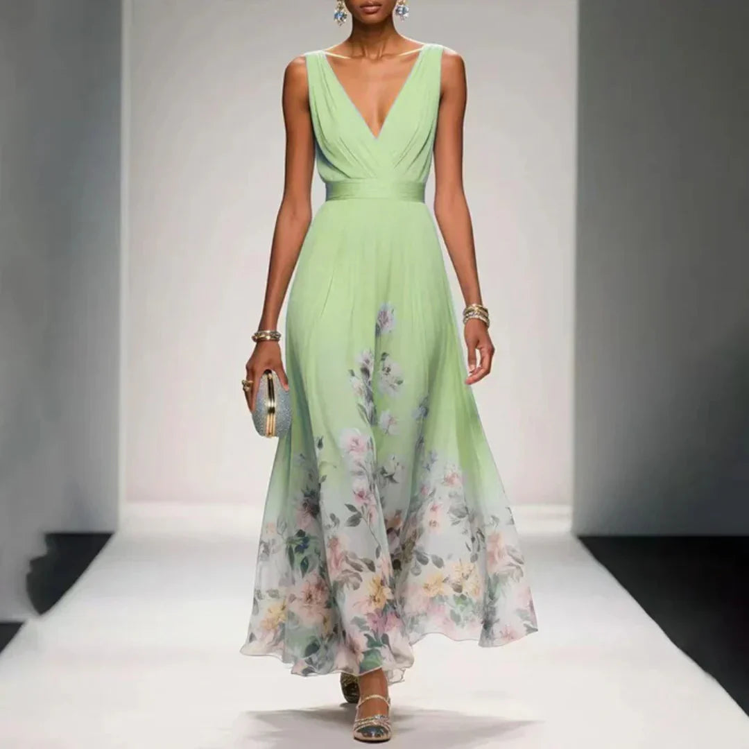 Nora | Maxi Jurk met Bloemenprint Bruiloftsgast Groen