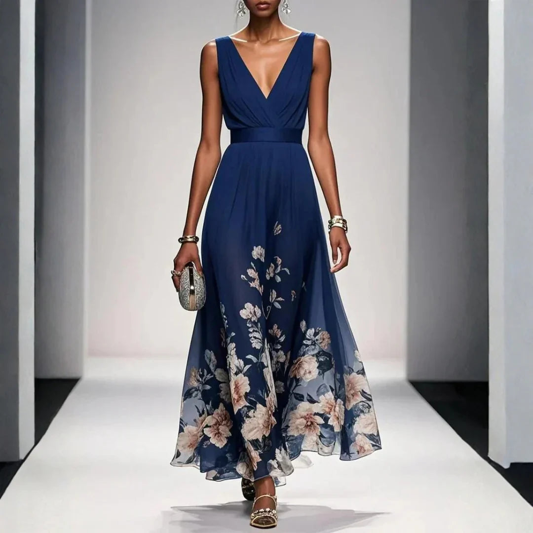 Nora | Maxi Jurk met Bloemenprint Bruiloftsgast Marineblauw