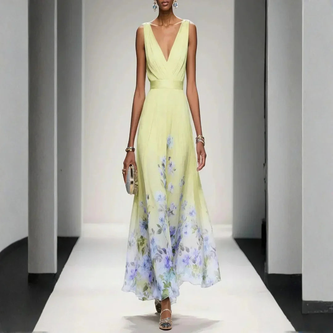Nora | Maxi Jurk met Bloemenprint Bruiloftsgast Geel