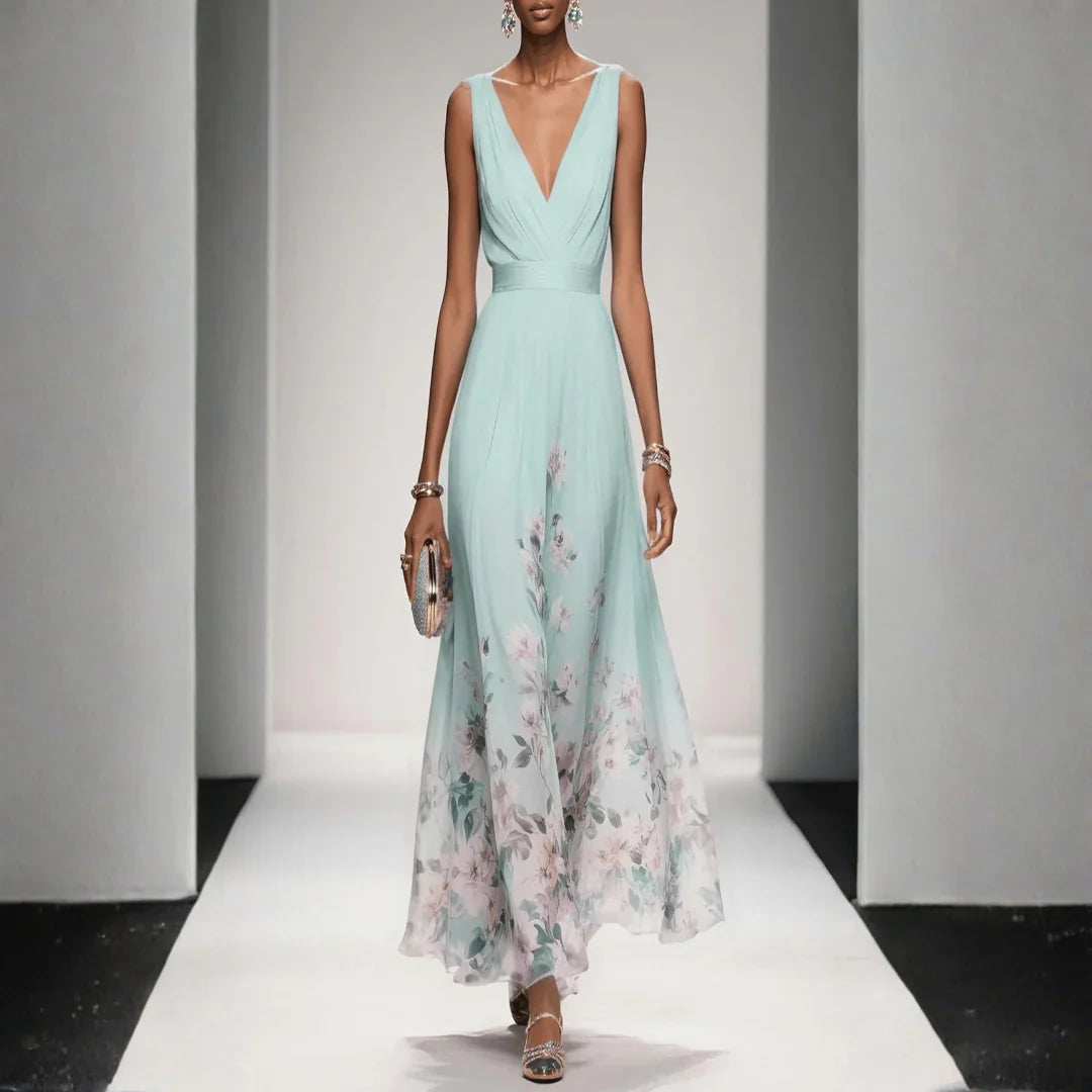 Nora | Maxi Jurk met Bloemenprint Bruiloftsgast Lichtgroen
