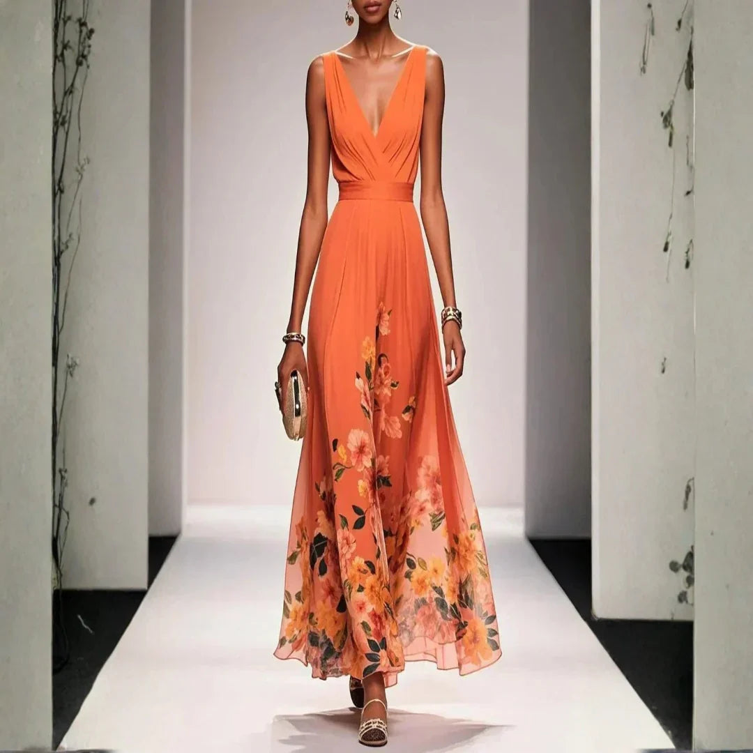Nora | Maxi Jurk met Bloemenprint Bruiloftsgast Oranje