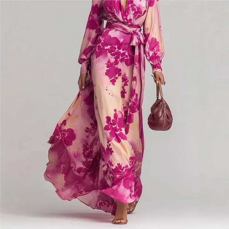 Maxi jurk met romantisch bloemenprint in roze en paars tinten, ballonmouwen en wikkel pasvorm