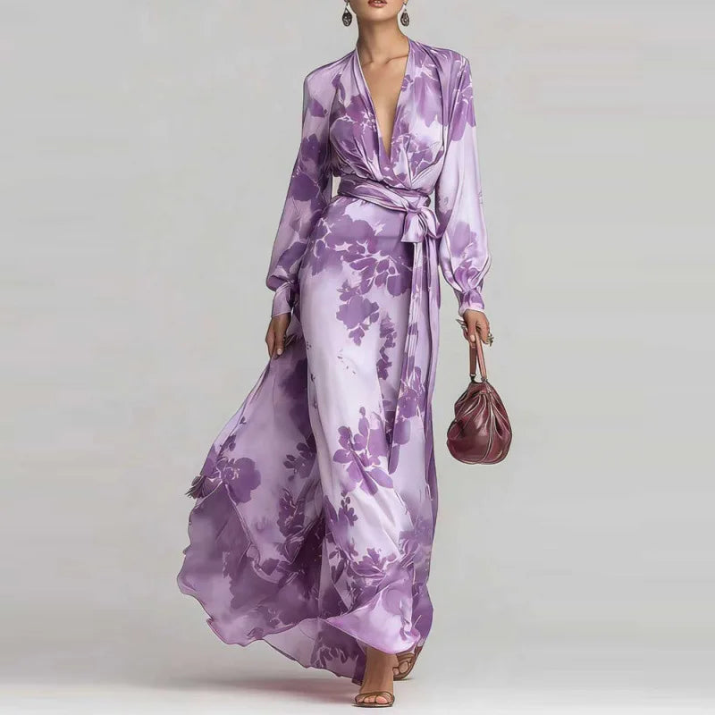Feestelijke maxi jurk met ballonmouwen, wikkelstijl en vloeiende stof met bloemenprint in roze tinten