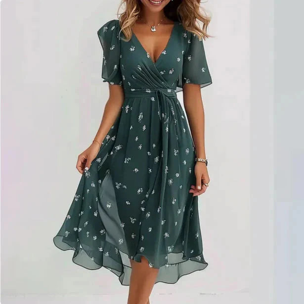 Pien | Midi Jurk met Bloemenprint Groen