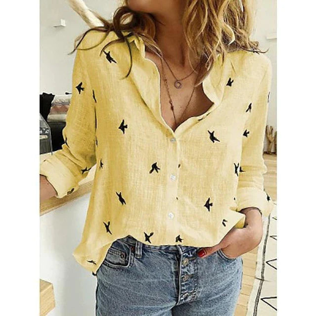 Robin | Dames Linnen Blouse Lange Mouwen Geel met vogel