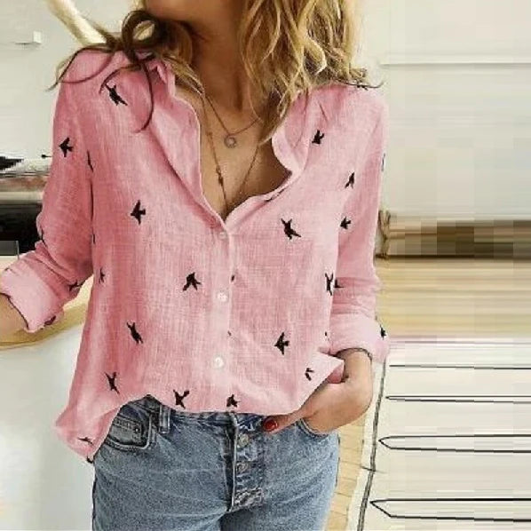 Robin | Dames Linnen Blouse Lange Mouwen Roze met vogel