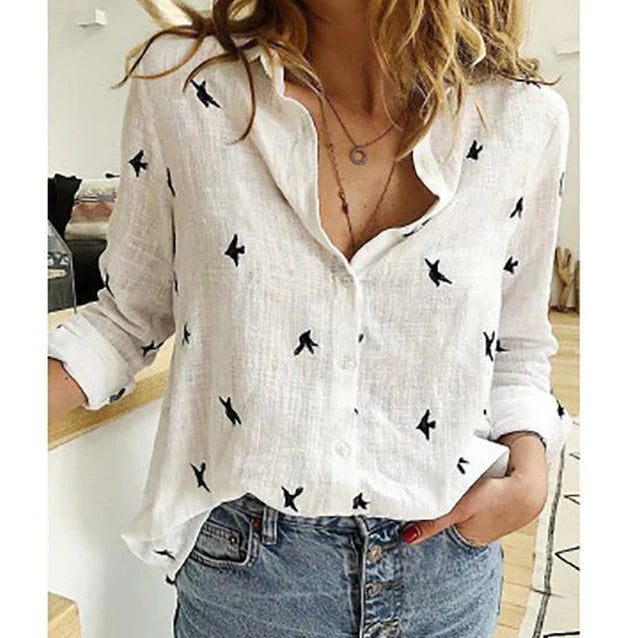 Robin | Dames Linnen Blouse Lange Mouwen Wit met vogel