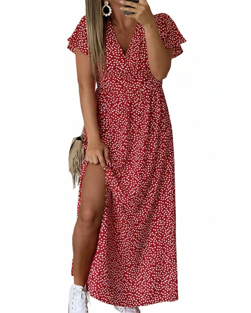 Dames Maxi Jurk met V-hals en Bloemenprint in rood met witte stippen en volantmouwen