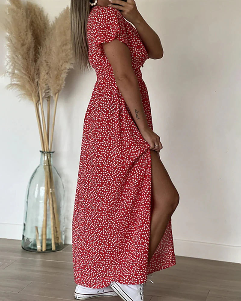 Bloemenprint maxi jurk met zijsplit voor bewegingsvrijheid en comfort