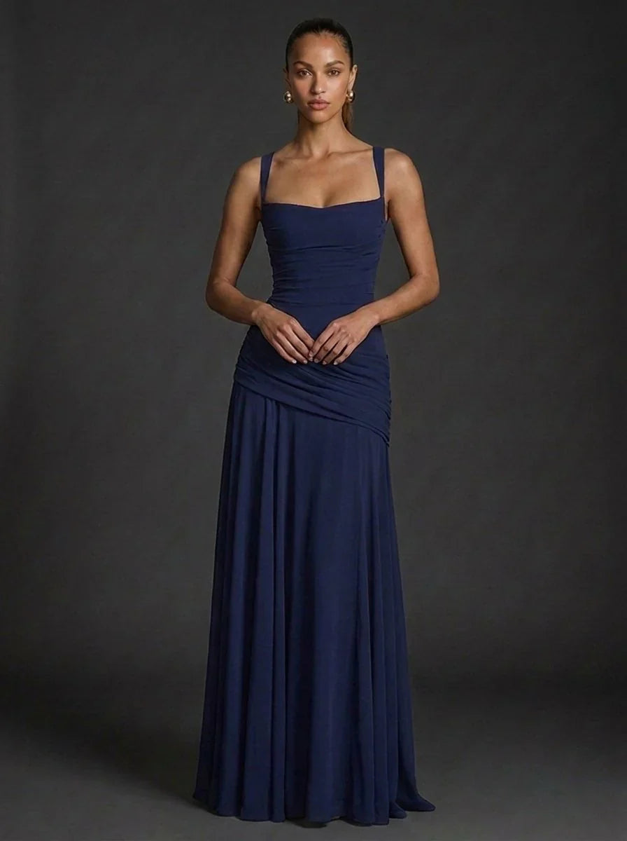 Robin | Dames Vierkante Hals Mouwloze Gerimpelde Maxi Jurk Donkerblauw