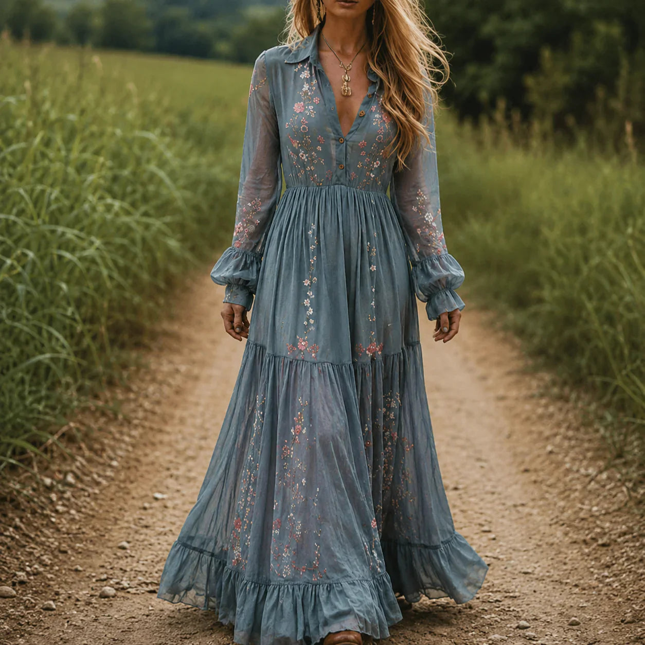 Saar | Dames Boho Maxi Jurk met Bloemenprint Groen